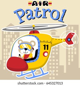 funny bear on helicopter, vector cartoon illustration