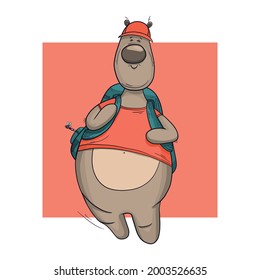 A funny bear on a hike with a large backpack. Outdoor recreation, love for life, positive attitude, motivation. Vector illustration, mascot, logo for design or textile print