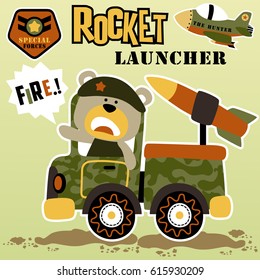 Funny bear on military truck with fighter jet, vector cartoon illustration