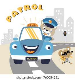 funny bear on police car chasing a mice, vector cartoon illustration