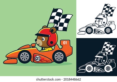 Funny bear on racing car carrying checkered flag. Vector cartoon illustration in flat icon style