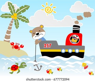 Funny bear on the ship, marine animals in the beach, vector cartoon illustration