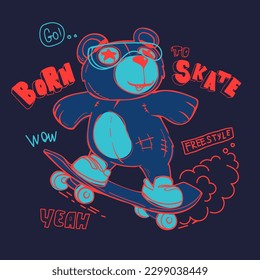 Funny bear on skateboard with sunglasses, lettering composition. Cartoon bear character skateboarder. Graffiti text. Teenager animal.