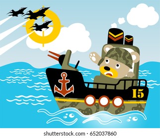 Funny bear on warship in the ocean, three fighter jet flying, vector cartoon illustration. Eps 10