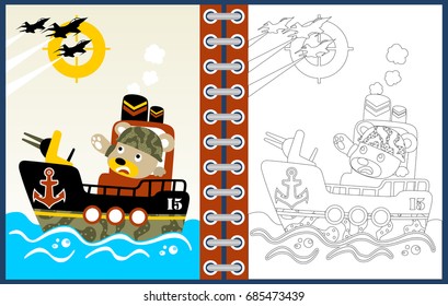 Funny bear on warship, vector cartoon illustration, coloring page or book