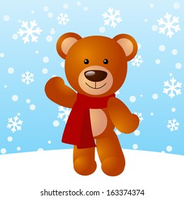 Funny bear on winter background