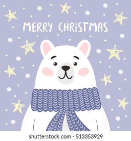 Funny bear on winter background with Merry Christmas lettering. Vector illustration.