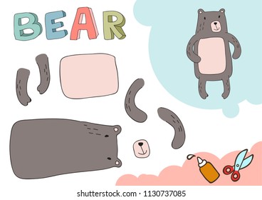 Funny Bear Paper Model. Small home craft project, DIY paper game. Cut out and glue. Cutouts for children. Vector template.