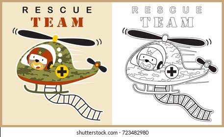 Funny bear pilot on military helicopter with ladder, vector cartoon illustration, coloring book or page