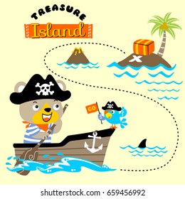 Funny bear in pirate costume with parrot on rowboat, pirate sailing elements, vector cartoon illustration