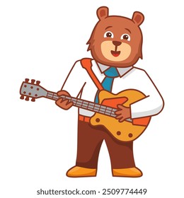 Funny bear playing guitar.Cute rockstar bear.Animal cartoon characters.Vector illustration.Kids wear fashion design.