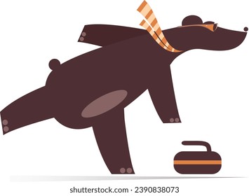 Funny bear plays curling.
Winter sport. Cartoon bear aiming a stone to a target

