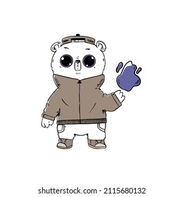 Oso gracioso con fuego morado. Ilustración del vector Doodle.