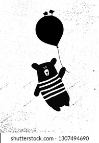 Funny  bear with quote Happy Valentines Day. Bear with a ballon. Cute hand drawn illustration for card, poster, t-shirt