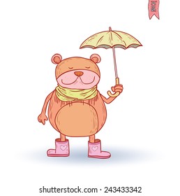 funny bear in the rain, vector illustration.