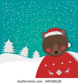 funny Bear with red pullover. New Year and Christmas greeting card. Vector illustration
