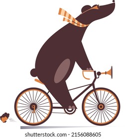 Funny bear rides a bike illustration. 
Cartoon bear rides a bicycle isolated on white background

