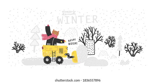 Funny bear rides through the forest on a bulldozer. Winter forest landscape. Snow removal. Winter postcard.