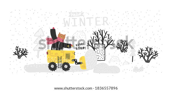 Funny bear\
rides through the forest on a bulldozer. Winter forest landscape.\
Snow removal. Winter\
postcard.