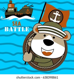 funny bear in sailor uniform holding flag with warship on blue sea background, vector cartoon illustration