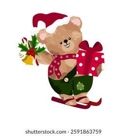 
A funny bear in a Santa hat stands on skis and holds in his paws a red box and holly leaves with a yellow bell. Vector illustration.