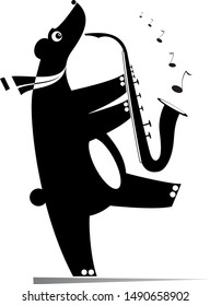 Funny bear a saxophonist isolated illustration. Cartoon bear is playing music on saxophone with inspiration black on white
