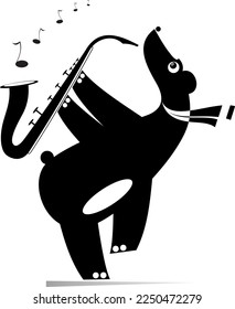 Funny bear a saxophonist isolated illustration. 
Cartoon bear is playing music on saxophone with inspiration. Black on white

