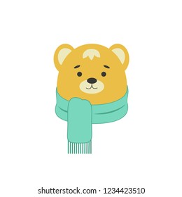 Funny bear in a scarf. Character cute bear. Vector illustration in flat style.