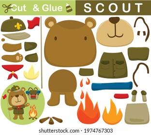 Funny bear in scout uniform with bonfire and backpack. Cutout and gluing. Vector cartoon illustration