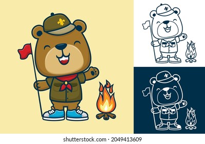 Un oso gracioso vestido con uniforme de explorador mientras sostiene una bandera con fuego crudo. Ilustración de dibujos animados en forma de icono plano