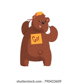 Funny bear showing sticker Go on his back. Cartoon animal with brown fur, small ears, short tail and paws with claws. Flat vector for print, sticker or postcard