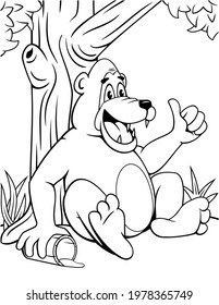 Funny Bear Sitting Under The Tree With Mug of Honey. Printable Coloring Page for Kids.