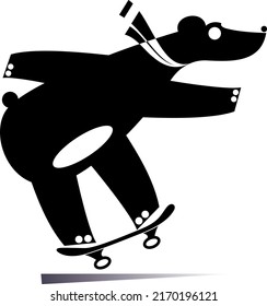 Funny bear a skateboarder. 
Active life style idea. Cartoon bear riding on a skateboard black on white background
