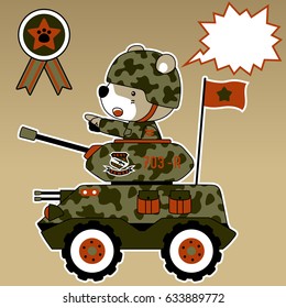 Funny bear soldier on armored vehicle, vector cartoon illustration