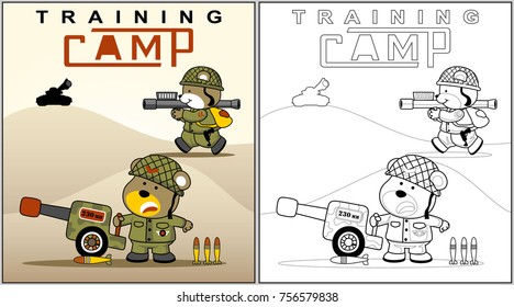 Funny bear soldier with weapon, vector cartoon illustration, coloring book or page