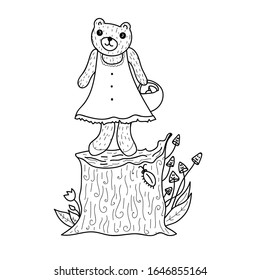 Funny bear standing on tree stump with basket. Cartoon character. Vector illustration. Coloring book page element.