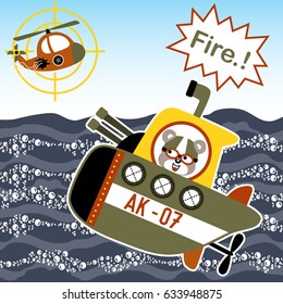 Funny bear in submarine with helicopter, ocean war, vector cartoon illustration