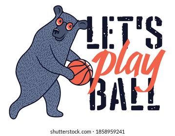 Funny Bear with sunglasses and basketball ball for t-shirt design. Vector illustration on the sport theme