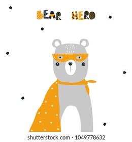 Funny bear superhero with slogan. Vector hand drawn illustration.