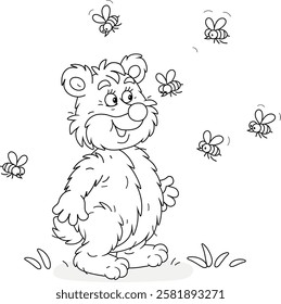 Funny bear surrounded by buzzing wild bees, black and white vector cartoon illustration for a coloring book