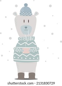 funny bear in a sweater and hat, winter illustration, a teddy bear cub with a cup of tea, a character for children