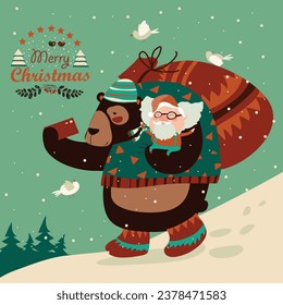 Funny bear taking selfie with happy Santa Claus