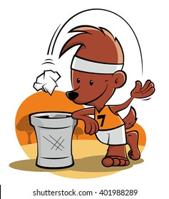 Funny bear throwing paper in basket