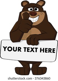  Funny Bear with thumb up and nameplate isolated on white background for posters. Big nameplate. 