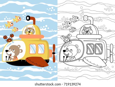 Funny bear with tiger in submarine undersea with marine animals, vector cartoon, coloring page or book