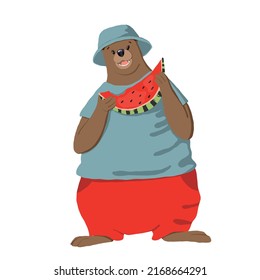 oso gracioso con sandía, ilustración vectorial, clipart de verano con personaje de dibujos animados