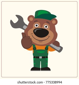 Funny bear wearing overalls with the large wrench on her shoulder. Mechanic in cartoon style shows like.