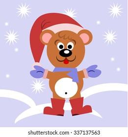 A funny bear wearing a scarf, hat and mittens. 