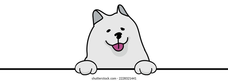 Funny bear white Samoyed dog with paws over a white wall, in a pocket vector illustration. Funny dog smiling. Cute dog head on a white background. Hand-drawn mascot. Smiling dog muzzle. BFF.