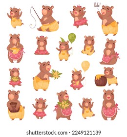 Funny Bear Woodland Character Engaged in Different Activity Big Vector Set